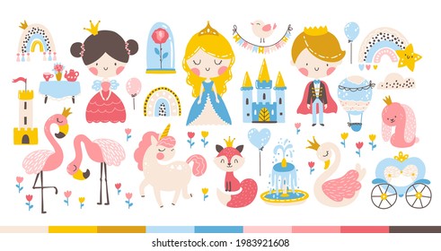 Princess rainbow set with animals and birds, unicorn, flamingo, swan. Castle, carriage. Cute girl, boy characters. Vector illustration in a cartoon hand-drawn Scandinavian style in a pastel palette