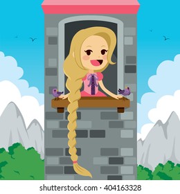 Princess Rapunzel in tower waiting for Prince with bird friends