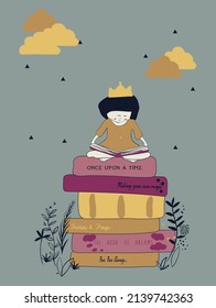 Princess reading fairy tale book on top of books, fairytale vector illustration. Use for baby t-shirt print, fashion print design, kids wear, baby shower, celebration, greeting and invitation.