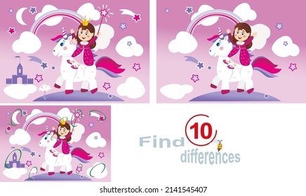 The Princess rides a little Unicorn. Find ten differences is a children's educational game.