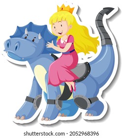 Princess riding a dragon cartoon sticker illustration