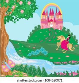 Princess riding a horse into the castle