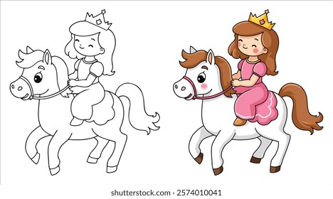 Princess riding on a Horse Line Art Vector Outline Illustration Black and White with Coloring Sample. Bold and Easy Princess and Pony Adventure Coloring Pages for Adults and Kids.