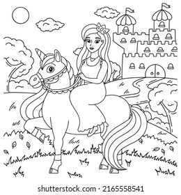 The princess is riding a unicorn. Coloring book page for kids. Cartoon style character. Vector illustration isolated on white background.