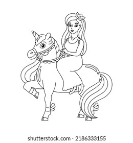 The princess is riding a unicorn. Coloring book page for kids. Cartoon style character. Vector illustration isolated on white background.