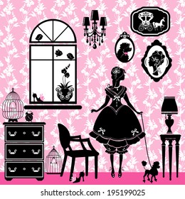 Princess Room with glamour accessories, furniture, cages, pictures.  Princess girl and dog - black silhouettes on pink background  - illustration for girls. 
