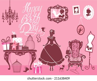 Princess Room with glamour accessories, furniture, cages, gift boxes, pictures. Princess girl and dog - silhouettes on pink background. Handwritten text Happy Birthday. Holiday card for girls.