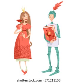 Princess with a rose and knight with a book. Diada de Sant Jordi (the Saint George's Day). Dia de la rosa (The Day of the Rose). Dia del llibre (The Day of the Book). Vector illustration. 