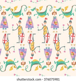 Princess with a rose, knight with a book, and a dragon. Diada de Sant Jordi  (the Saint George's Day). Traditional festival in Catalonia, Spain. Seamless background pattern. Vector illustration. 
