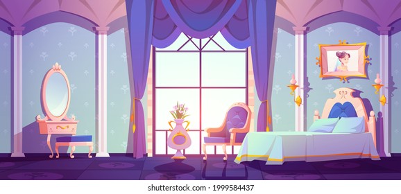 Princess royal bedroom, vintage room interior with elegant retro furniture, bed, cupboard, floral pattern wallpaper decor. Cartoon vector illustration