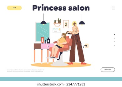 Princess salon concept of landing page with woman hairdresser making hair cutting for little girl. Hairdo stylist do hairdressing for kid in children barbershop. Cartoon flat vector illustration