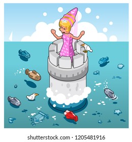 Princess screaming for help on tower in wide ocean with several fishes (vector illustration)
