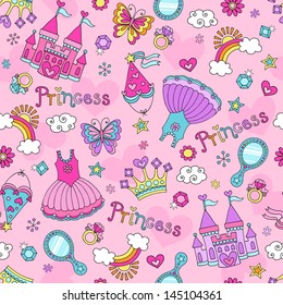 Princess Seamless Pattern Ballerina Tiara Groovy Fairy Tale Notebook Doodles Set with Tutu Dress, Castle, Crown, Magic Wand and more