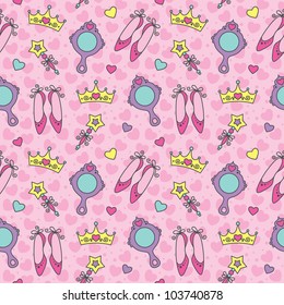 princess seamless pattern with cartoon shoes, crowns, mirrors and wands