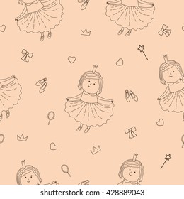 princess seamless pattern with cartoon shoes, crowns, mirrors and wands