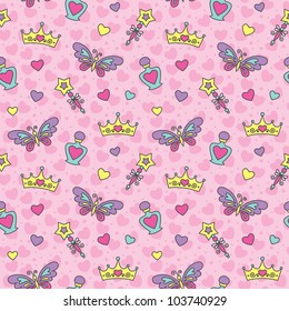 princess seamless pattern with cartoon wands, crowns, perfume bottles and butterflies