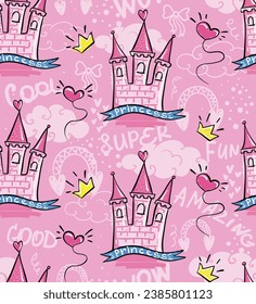 Princess seamless pattern with castle, clouds, crown. text Super, cool, amazing. Repeat girlish print on pink background.