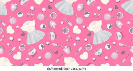For princess. Seamless pattern with dress, cosmetics and accessories for girls, hairpins. Perfect design for fabric and textile, wrapping paper and wallpaper for walls. Vector pattern.