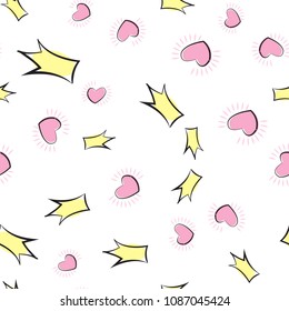 Princess seamless pattern with hand drawn crowns and hearts. Vector illustration