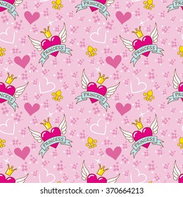 Princess Seamless Pattern, Heart With Wings And Crown