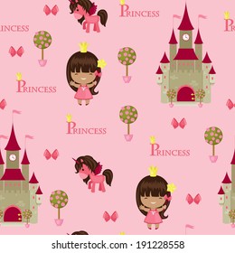 Princess seamless pattern. Little princess, castle and unicorn.