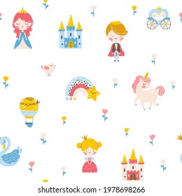 Princess seamless pattern with prince, unicorn, swan, castle and rainbow. Vector illustration of a girl in a fairy kingdom in a hand-drawn cartoon style. The pastel palette is ideal for baby clothes.