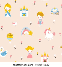 Princess seamless pattern with prince, unicorn, swan, castle and rainbow. Vector illustration of a girl in a fairy kingdom in a hand-drawn cartoon style. The pastel palette is ideal for baby clothes.