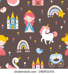 Princess seamless pattern with prince, unicorn, swan, castle and rainbow. Vector illustration of a girl in a fairy kingdom in a hand-drawn cartoon style. The pastel palette is ideal for baby clothes.