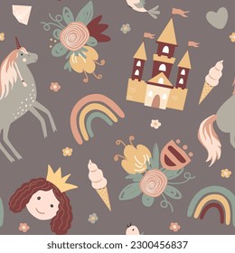 Patrón sin fisuras de princesa al estilo escandinavo. Castillo, arco iris, flores, unicornio y diamantes. Fondo de vectores, adorable diseño textil para niños.