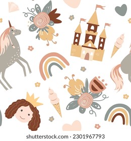 Princess seamless pattern in Scandinavian style. Castle, rainbow, flowers, unicorn, and diamonds. Vector boho background, adorable textile design for children.