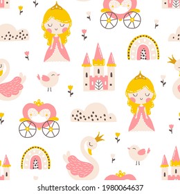 Princess seamless pattern with swan, castle, rainbow and flowers. Vector illustration of a girl in a fairy kingdom in a hand-drawn cartoon style. The pastel palette is ideal for baby clothes textiles