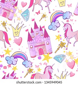 Princess Seamless Pattern for textile  with castle, unicorn, crown, butterfly, stars, diamond. Abstract seamless pattern for girls.