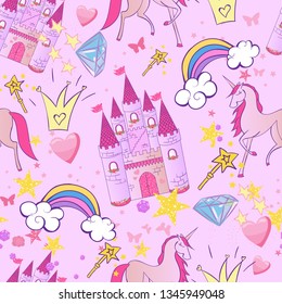 Princess Seamless Pattern for textile  with castle, unicorn, crown, butterfly, stars, diamond. Abstract seamless pattern for girls.