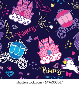 Princess Seamless Pattern for textile  with castle, crown, butterfly, stars, diamond. Abstract seamless pattern for girls.