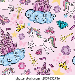 Princess Seamless Pattern for textile  with castle, crown, butterfly, stars, diamond. Abstract seamless pattern for girls.