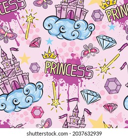 Princess Seamless Pattern for textile  with castle, crown, butterfly, stars, diamond. Abstract seamless pattern for girls.
