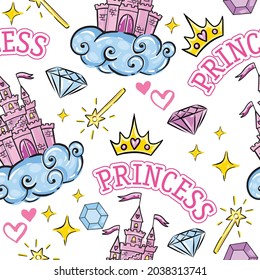 Princesa patrón sin foco para textiles con castillo, corona, mariposa, estrellas, diamante. Resumen de un patrón sin fisuras para las niñas.