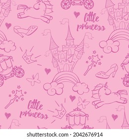 Princess Seamless Pattern for textile  with castle, crown, butterfly, stars, diamond. Abstract seamless pattern for girls.