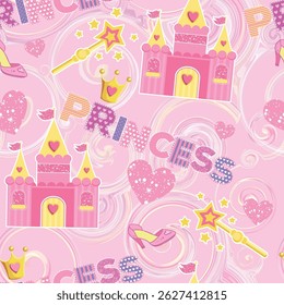 Princess Seamless Pattern for textile  with castle, crown, butterfly, stars, diamond. Abstract seamless pattern for girls.