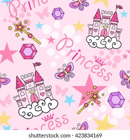 Princess Seamless Pattern for textile  with castle, crown, butterfly, stars, diamond. Abstract seamless pattern for girls.