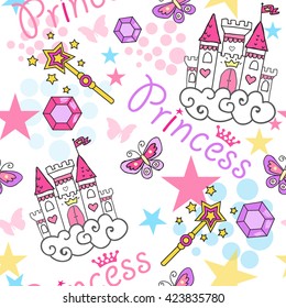 Princess Seamless Pattern for textile  with castle, crown, butterfly, stars, diamond. Abstract seamless pattern for girls.