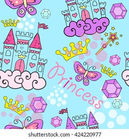 Princess Seamless Pattern for textile  with castle, crown, butterfly, stars, diamond. Abstract seamless pattern for girls.