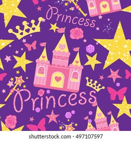 Princess Seamless Pattern for textile  with castle, crown, butterfly, stars, diamond. Abstract seamless pattern for girls.