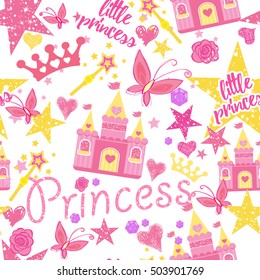 Princess Seamless Pattern for textile  with castle, crown, butterfly, stars, diamond. Abstract seamless pattern for girls.  Creative  background for girls. Tender colors.