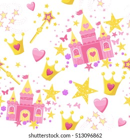 Princess Seamless Pattern for textile  with castle, crown, butterfly, stars, diamond. Abstract seamless pattern for girls.  Creative  background for girls. Tender colors.