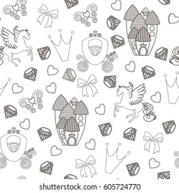 Princess Seamless Pattern textile castle, crown, butterfly, diamond. black and white. doodle fantasy icon design element invitation greeting card. 