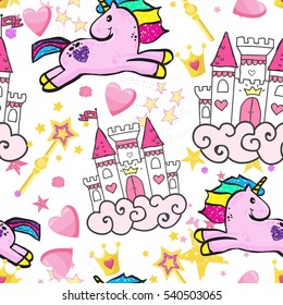 Princess Seamless Pattern for textile  with unicorn, castle, crown, butterfly, stars, diamond. Abstract seamless pattern for girls.  Creative  background for textile