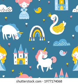 Princess seamless pattern with unicorn, swan, castle and rainbow. Vector illustration of a girl in a fairy kingdom in a hand-drawn cartoon style. The pastel palette is ideal for baby clothes textiles