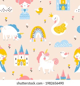 Princess seamless pattern with unicorn, swan, castle and rainbow. Vector illustration of a girl in a fairy kingdom in a hand-drawn cartoon style. The pastel palette is ideal for baby clothes textiles