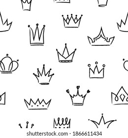 Princess seamless pattern. Vector background with hand drawn doodle crowns